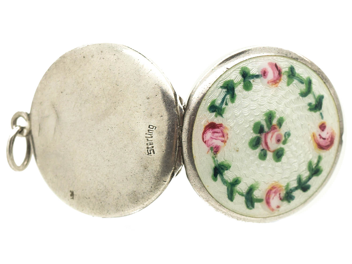 Edwardian Silver & Enamel Roses Locket (30G/O) The Antique Jewellery
