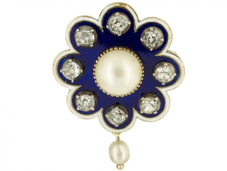 Victorian 15ct Gold Royal Blue Enamel, Old Mine Cut Diamond & Natural Pearl Brooch