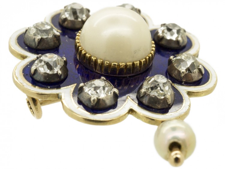 Victorian 15ct Gold Royal Blue Enamel, Old Mine Cut Diamond & Natural Pearl Brooch
