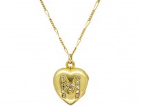 18ct Gold Edwardian Heart Locket set with the Letter M in Diamonds on a Gold Chain