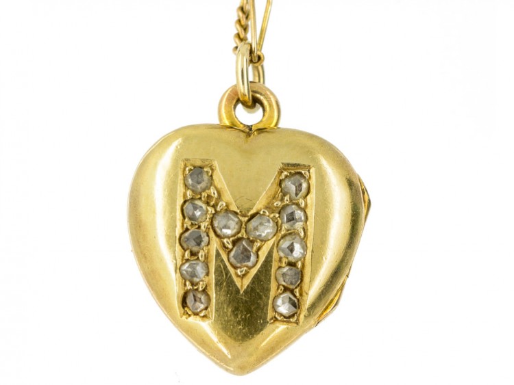 18ct Gold Edwardian Heart Locket set with the Letter M in Diamonds on a Gold Chain