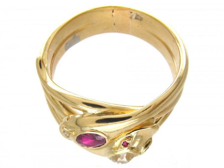 Victorian 18ct Gold Ruby & Diamond Double Snake Ring