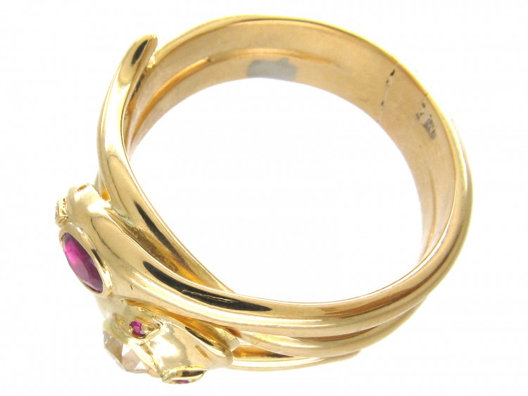 Victorian 18ct Gold Ruby & Diamond Double Snake Ring