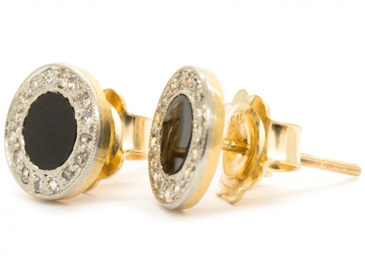 Art Deco Onyx & Diamond Round Earrings