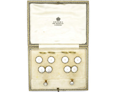 Art Deco 9ct Gold , Black Enamel, Natural Pearl & Mother of Pearl Dress Set in Asprey Case