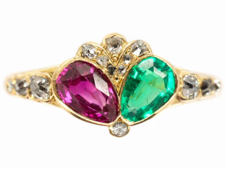 Georgian Emerald, Ruby & Diamond Double Crowned Heart Ring