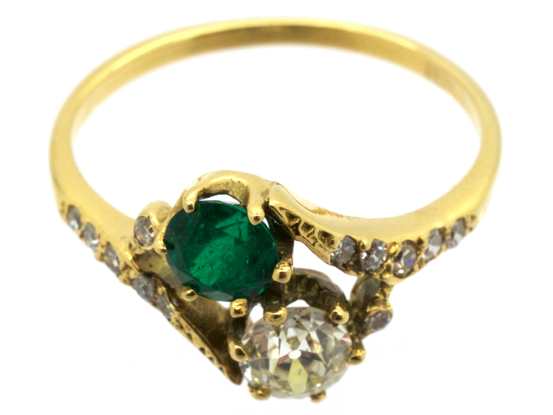 0.90 Ctw Edwardian Style Emerald & Diamond Two Tone Gold Wide Band Ring main image 1