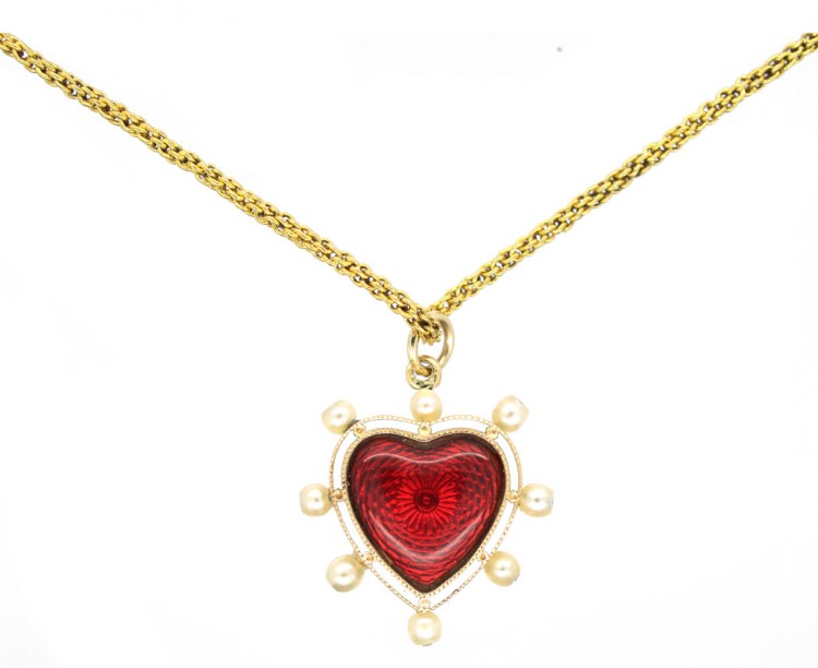 Edwardian Red & White Enamel & Natural Pearl Heart Pendant on 18ct Gold Chain