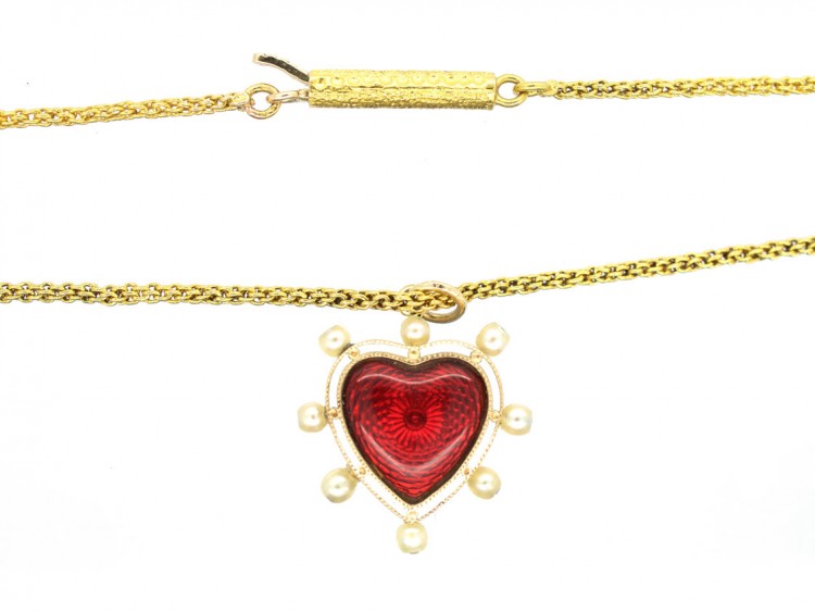 Edwardian Red & White Enamel & Natural Pearl Heart Pendant on 18ct Gold Chain