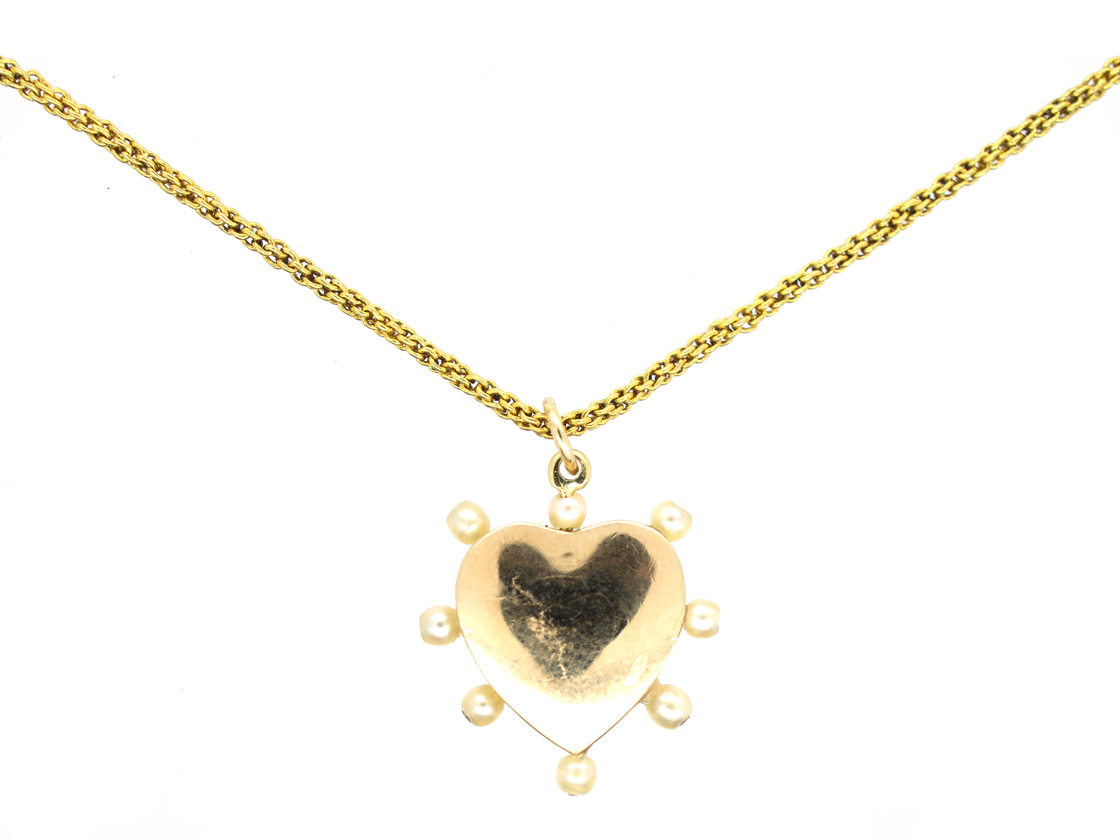Edwardian Red & White Enamel & Natural Pearl Heart Pendant on 18ct Gold ...