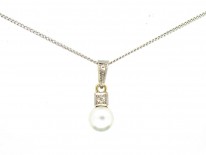 14ct White Gold & Cultured Pearl & Diamond Pendant on Silver Chain