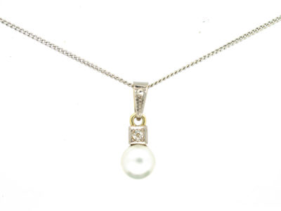 14ct White Gold & Cultured Pearl & Diamond Pendant on Silver Chain