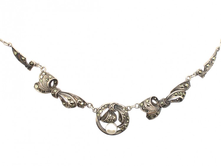 Art Deco Silver , Cultured Pearl & Marcasite Necklace