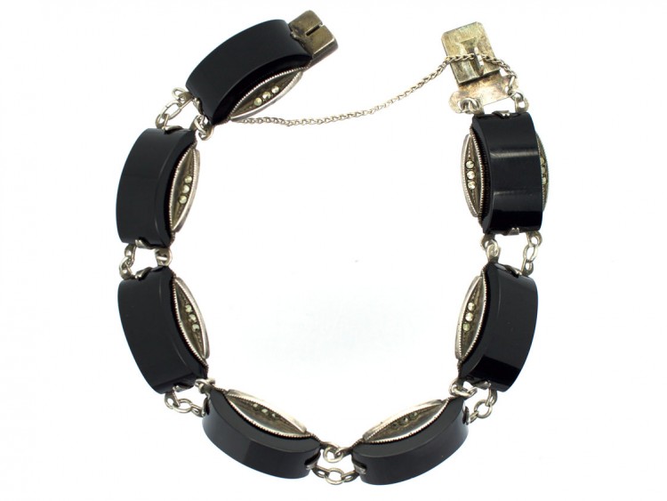 Art Deco Silver Onyx & Marcasite Bracelet