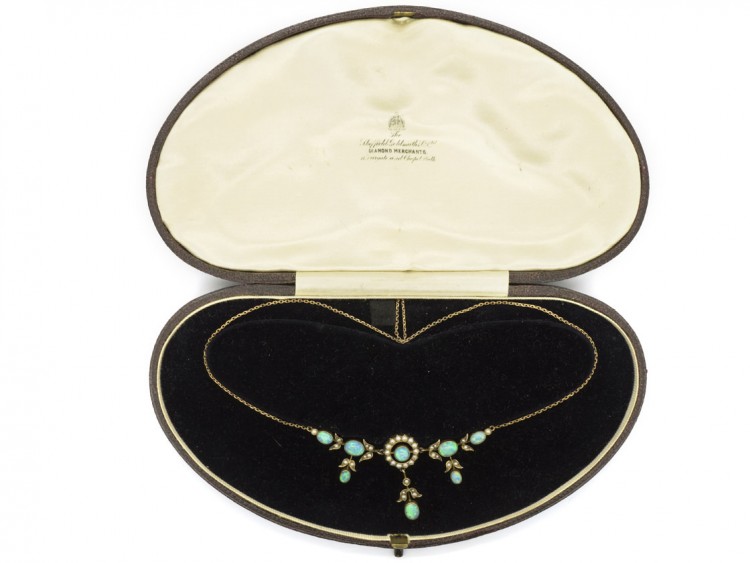 9ct Gold Edwardian Opal & Natural Split Pearl Necklace in Original Case