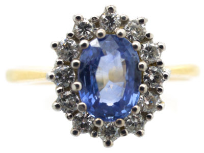 18ct Gold Ceylon Sapphire & Diamond Oval Cluster Ring