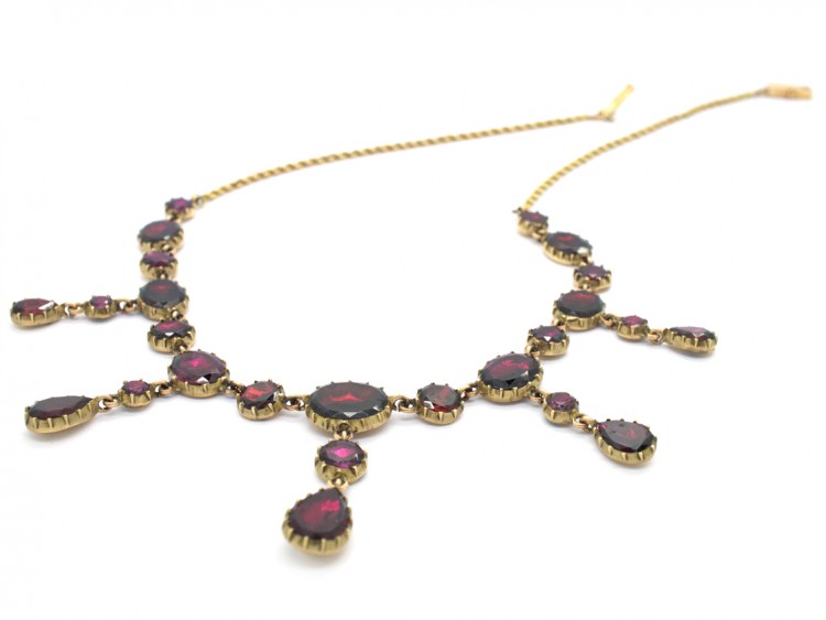 Edwardian Flat Cut Almandine Garnet Necklace in Original Case