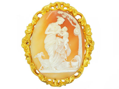 Large Victorian 18ct Gold & Shell Cameo Brooch of Mother & Child in Original Case