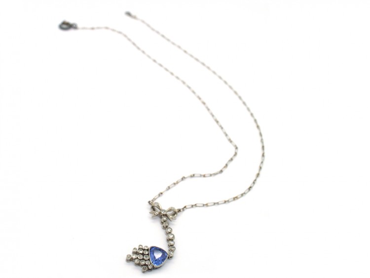 Edwardian Diamond & Ceylon Sapphire Pendant on Platinum Chain in Original Case