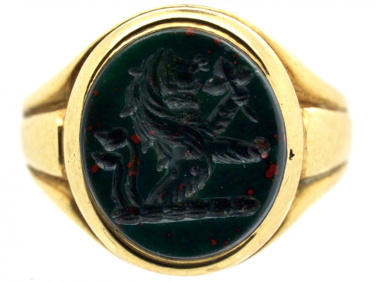 Victorian 18ct Gold & Bloodstone Carved Intaglio of a Lion Signet Ring