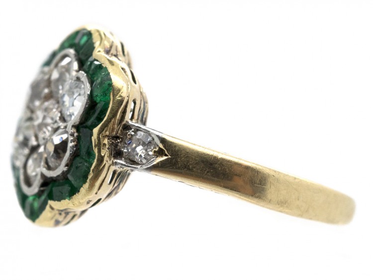 Edwardian 18ct Gold Emerald & Diamond Cluster Ring