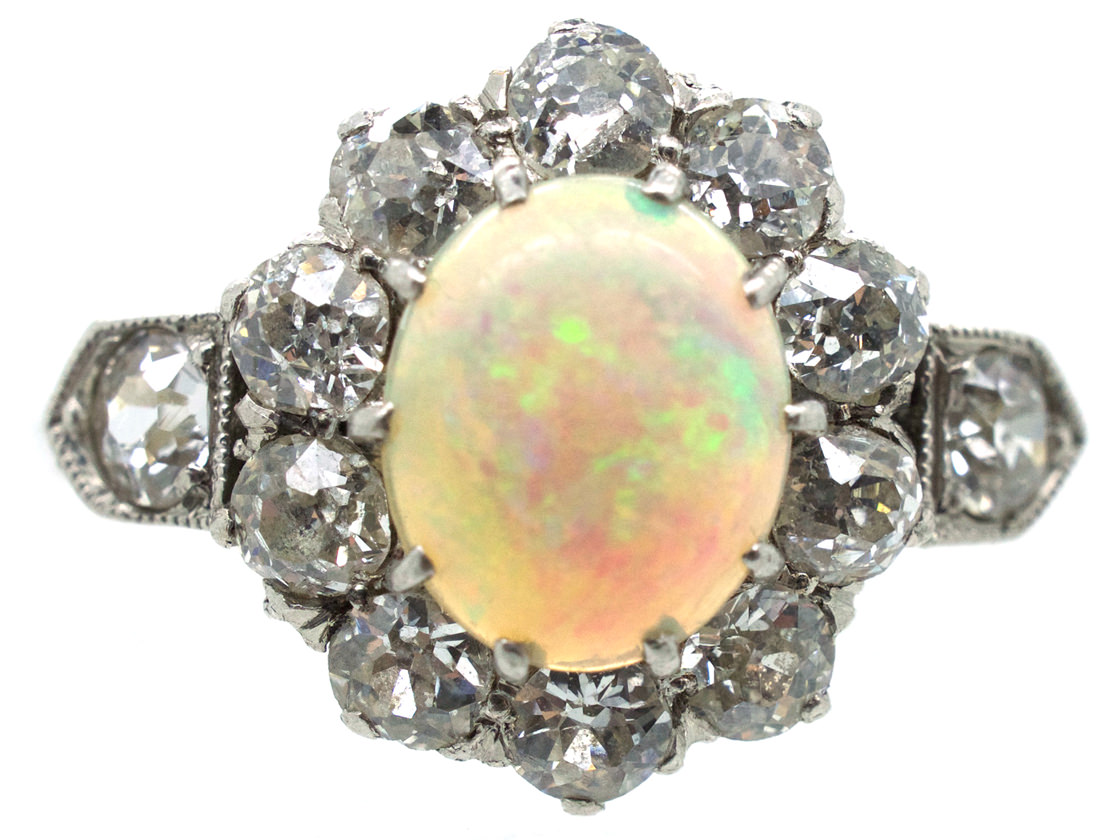 Edwardian 18ct Gold Opal & Diamond Cluster Ring with Diamond Shoulders ...