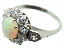 Edwardian 18ct Gold Opal & Diamond Cluster Ring with Diamond Shoulders