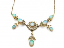 9ct Gold Edwardian Opal & Natural Split Pearl Necklace in Original Case