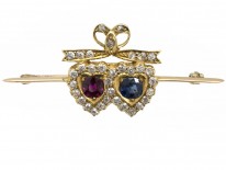 Edwardian 15ct Gold Sapphire, Ruby & Diamond Double Heart Brooch