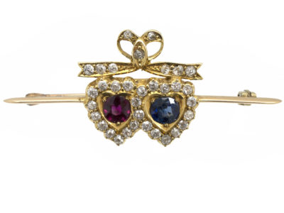 Edwardian 15ct Gold Sapphire, Ruby & Diamond Double Heart Brooch