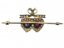 Edwardian 15ct Gold Sapphire, Ruby & Diamond Double Heart Brooch