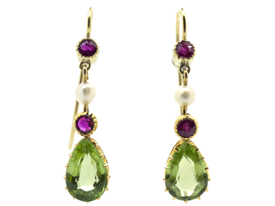 15ct Gold Suffragette Ruby Peridot & Natural Pearl Earrings