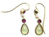 15ct Gold Suffragette Ruby Peridot & Natural Pearl Earrings