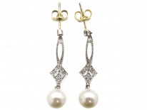 Edwardian Platinum, Diamond & Pearl Drop Earrings