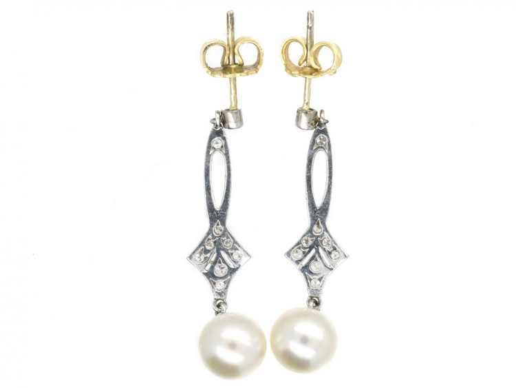 Edwardian Platinum, Diamond & Pearl Drop Earrings