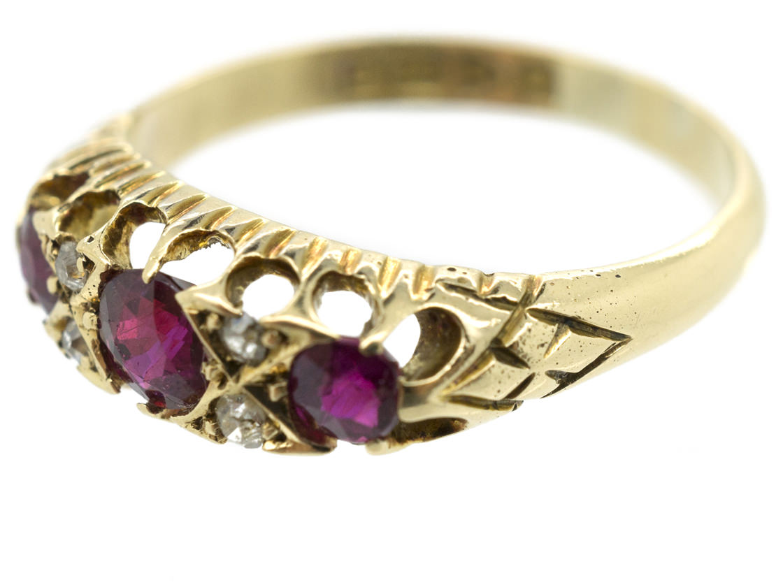 Edwardian 18ct Gold Three Stone Ruby & Diamond Ring (139G) | The