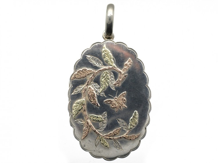 Victorian Silver & Gold Overlay Locket with Butterfly & Branch Motif