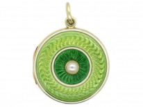 Edwardian 18ct Gold Two Colour Green Enamel & Pearl Round Pendant