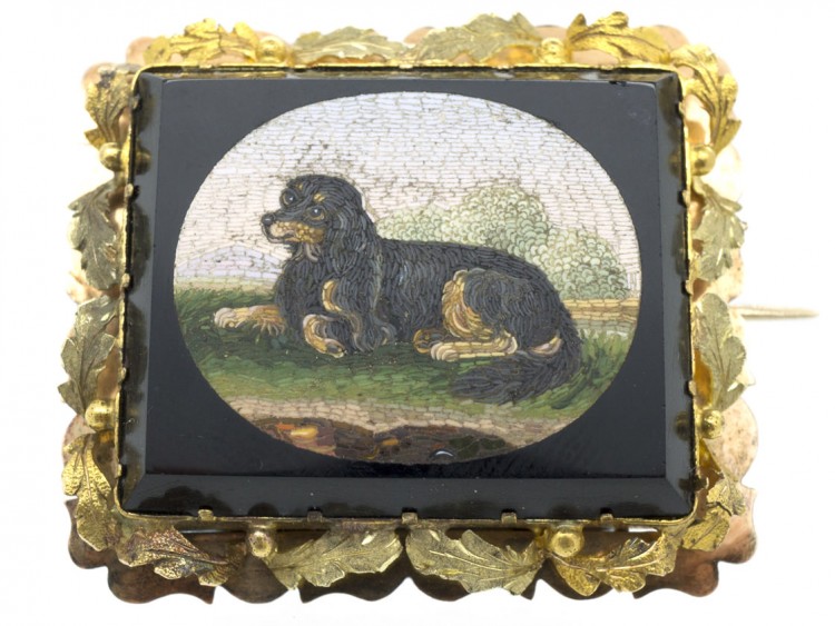 Regency Two Colour 18ct Gold Micro Mosaic Brooch of a Spaniel