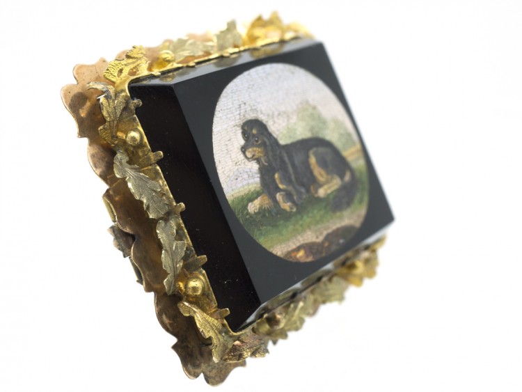 Regency Two Colour 18ct Gold Micro Mosaic Brooch of a Spaniel