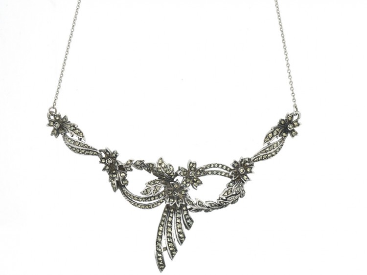 Silver Art Deco Marcasite Bow Necklace