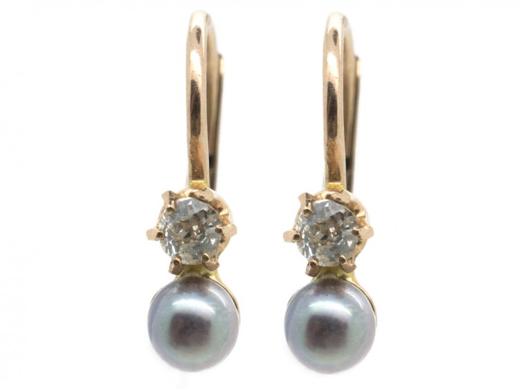 Small Natural Grey Pearl & Diamond Earrings