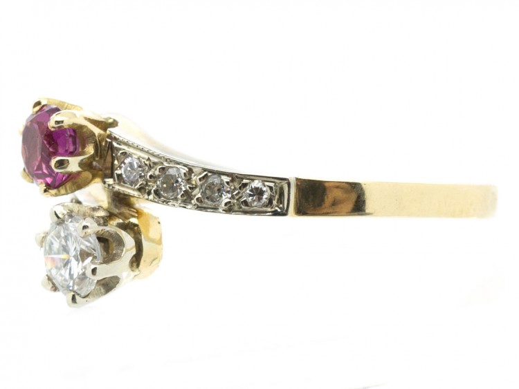 French 18ct Gold Diamond & Ruby Crossover Ring