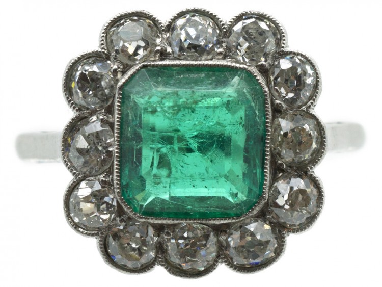 Large Platinum, Square Cut Emerald & Diamond Ring