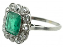 Large Platinum, Square Cut Emerald & Diamond Ring