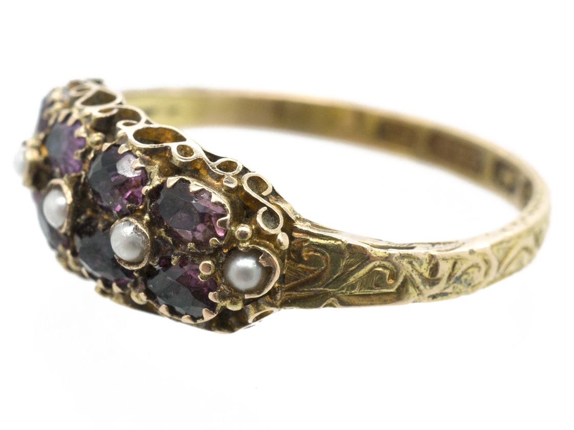 Victorian 15ct Gold Almandine Garnet & Natural Split Pearl Ring (115G ...