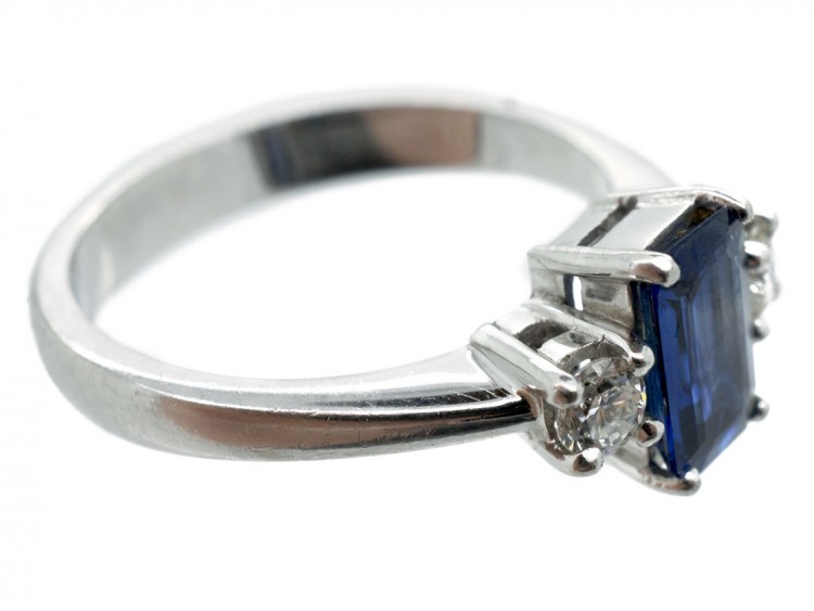 Rectangular Cut Sapphire & Diamond Platinum Ring