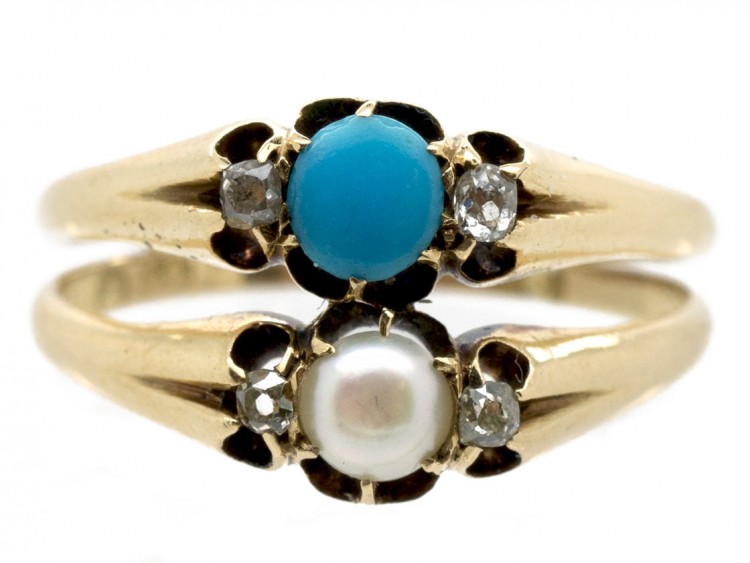 Victorian 18ct Gold Double Ring set with Turquoise, Diamonds & A Natural Pearl