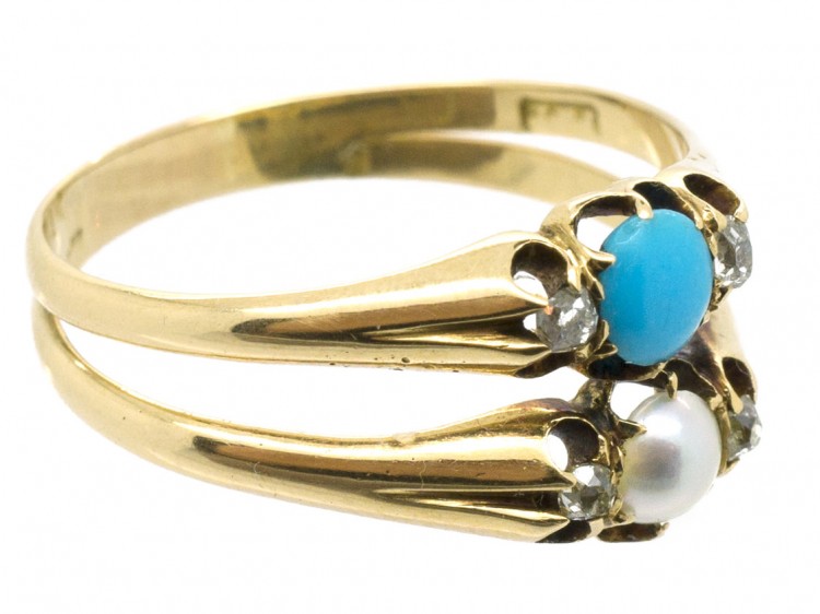 Victorian 18ct Gold Double Ring set with Turquoise, Diamonds & A Natural Pearl