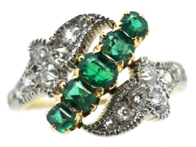 Edwardian 18ct Gold & Platinum Emerald & Diamond Diagonal Ring